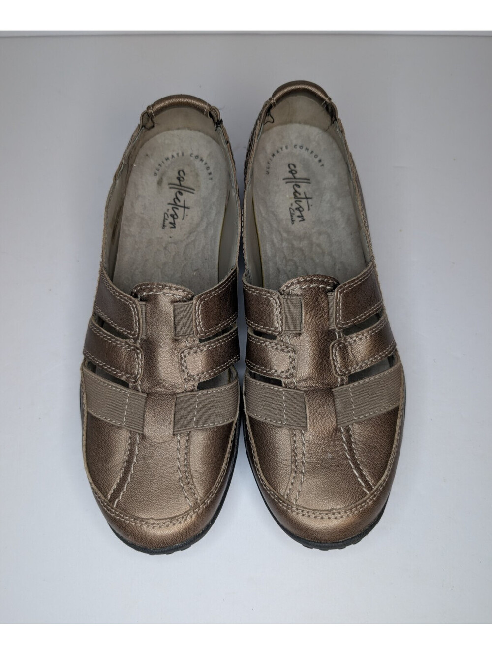 Clarks Womens 8.5 Pewter SlipOn Cushion Comfort Sandals casual Shoes Haley Stork